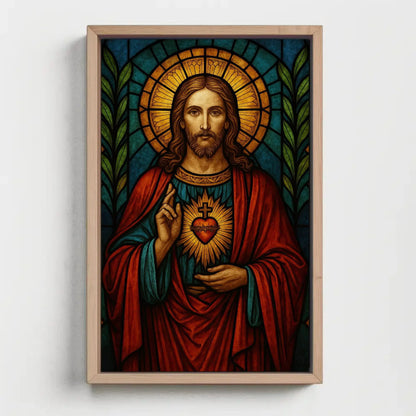 Sacred Heart of Jesus stained glass style wall art print Christian religious artwork Catholic home decor spiritual gift inspirational poster Wall Art – Canvas Print