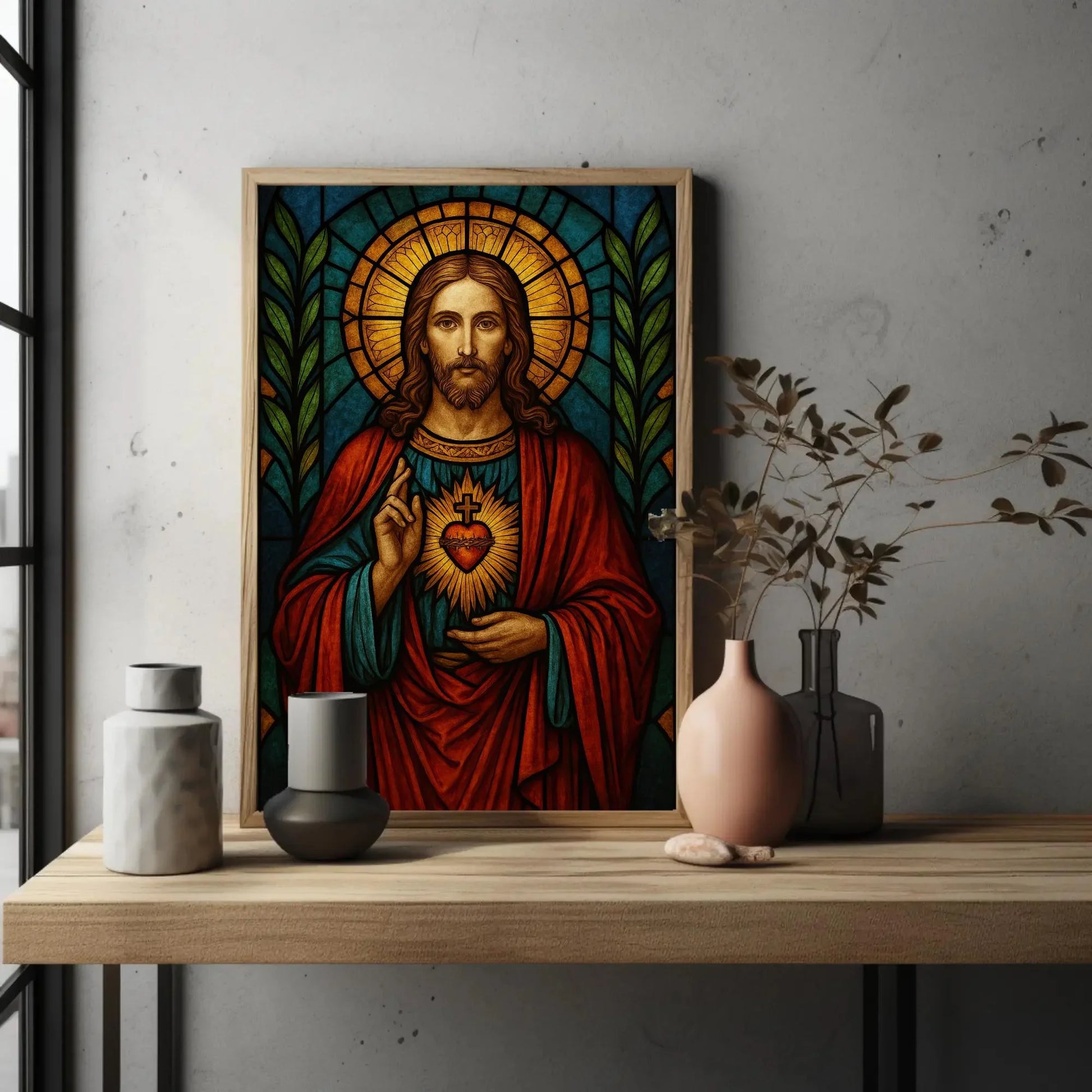 Sacred Heart of Jesus stained glass style wall art print Christian religious artwork Catholic home decor spiritual gift inspirational poster Wall Art – Canvas Print