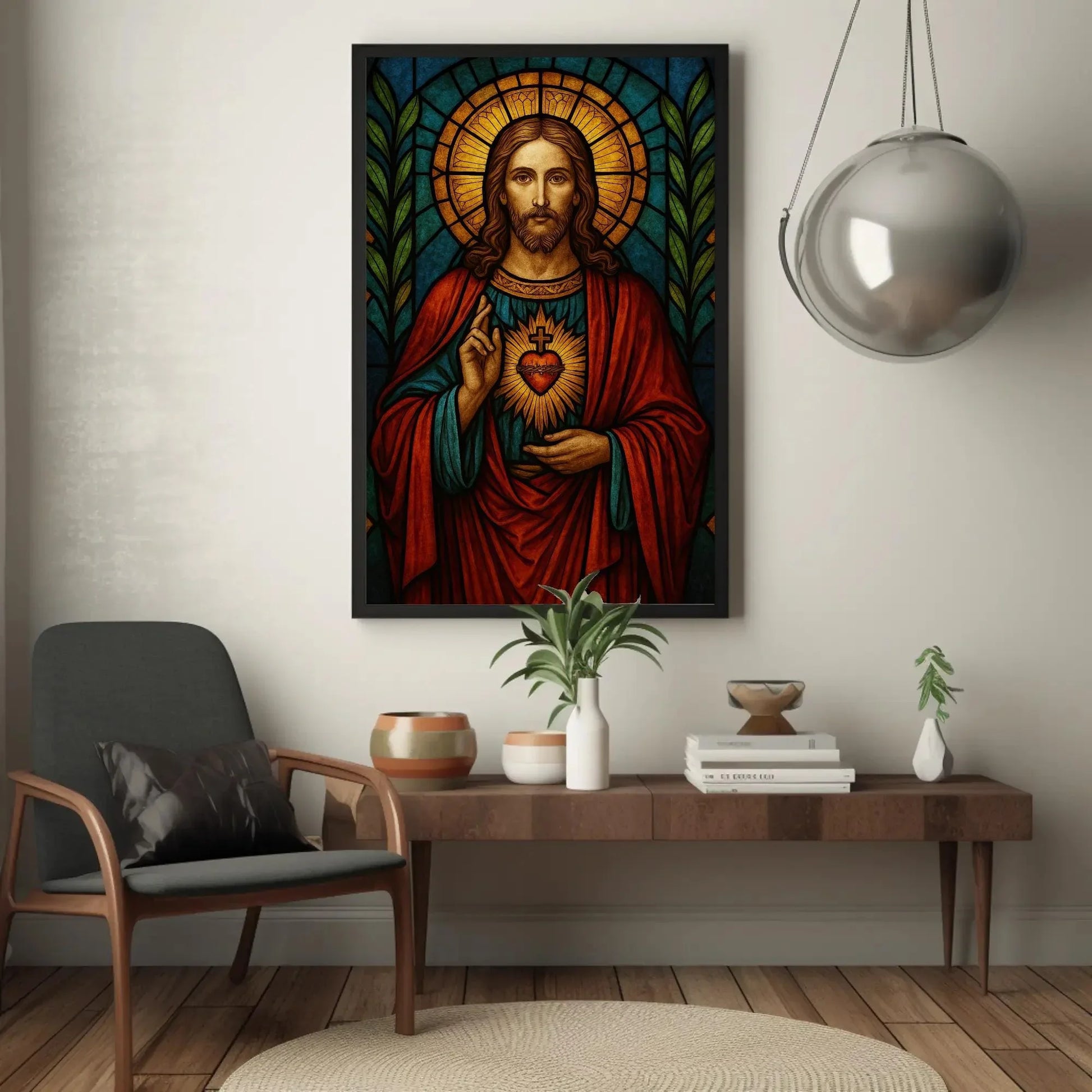 Sacred Heart of Jesus stained glass style wall art print Christian religious artwork Catholic home decor spiritual gift inspirational poster Wall Art – Canvas Print
