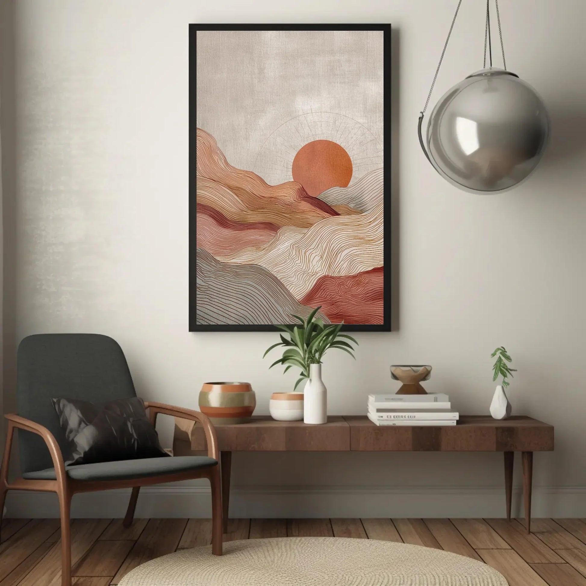 Minimalist Landscape Print | Japandi Wall Art | Abstract Sun and Hills Canvas | Boho Line Art with Terracotta Tones Wall Art – Canvas Print