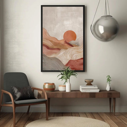 Minimalist Landscape Print | Japandi Wall Art | Abstract Sun and Hills Canvas | Boho Line Art with Terracotta Tones Wall Art – Canvas Print