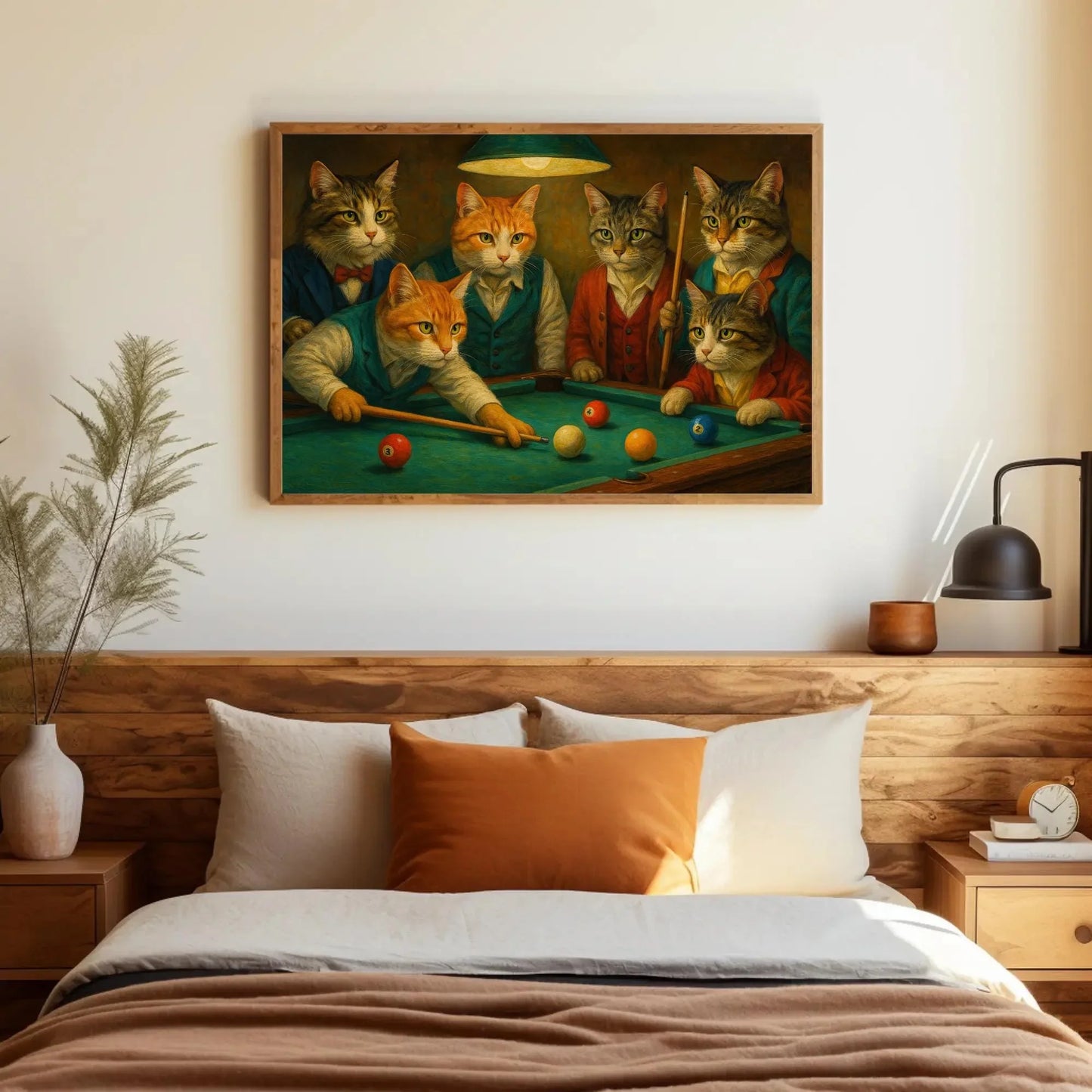 Cats Playing Pool Canvas Print Funny Animal Painting of Dressed Cats Shooting Billiards in Bar Art Wall Decor for Game Room or Lounge Wall Art – Canvas Print