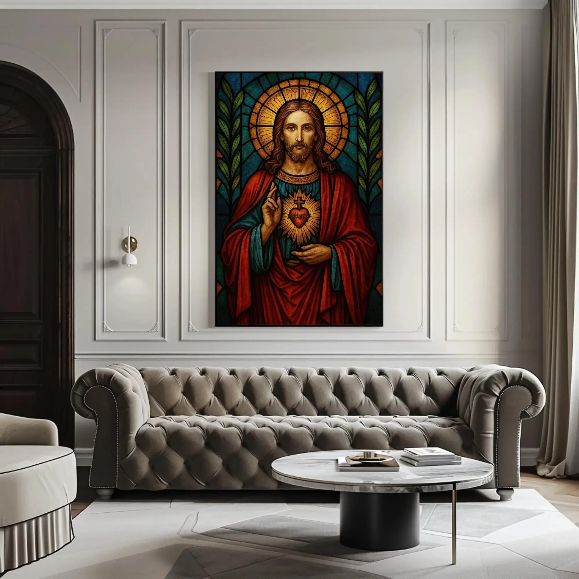 Sacred Heart of Jesus stained glass style wall art print Christian religious artwork Catholic home decor spiritual gift inspirational poster Wall Art – Canvas Print