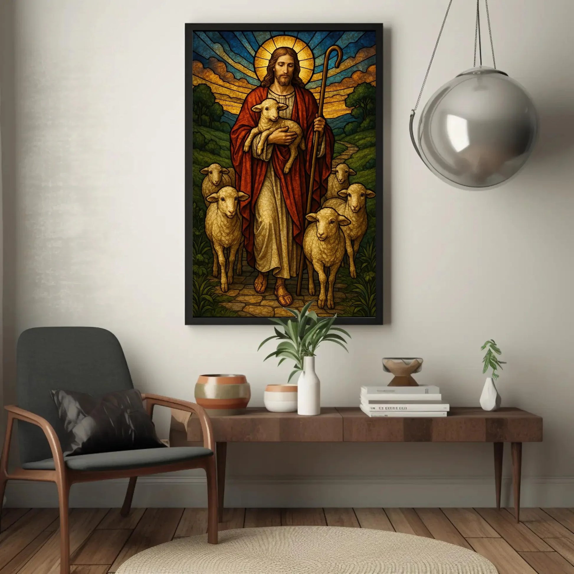 Good Shepherd Stained Glass Art | Jesus with Lambs Canvas | Christian Wall Decor | Catholic Religious Print for Church Wall Art – Canvas Print