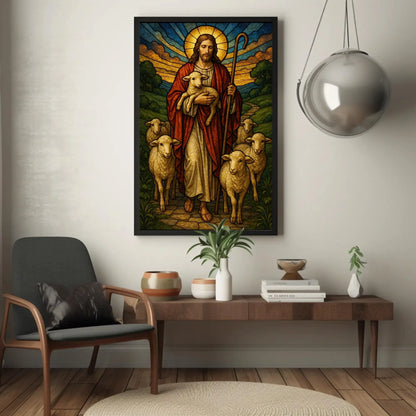 Good Shepherd Stained Glass Art | Jesus with Lambs Canvas | Christian Wall Decor | Catholic Religious Print for Church Wall Art – Canvas Print