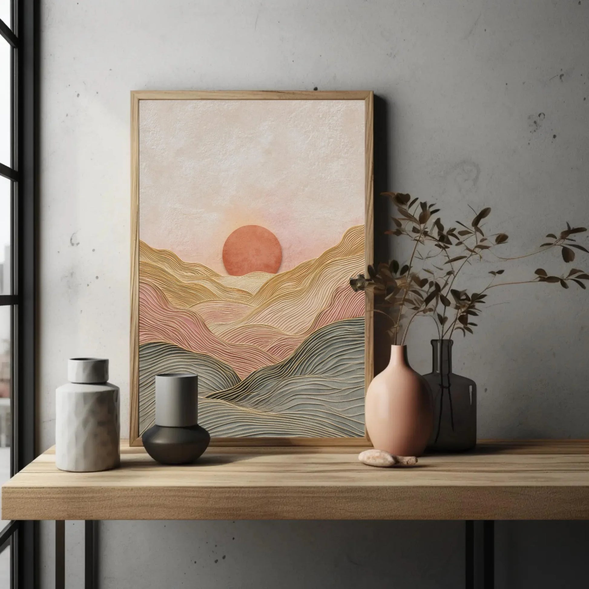 Japandi Wall Art | Minimalist Line Art Landscape | Abstract Sun and Hills Canvas | Terracotta Earth Tone Decor Wall Art – Canvas Print