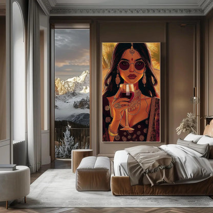 Stylish Indian Woman Drinking Wine Wall Art, Framed Canvas Print, Indian Desi Wall art, Brown Girl Print, South Asian Wall Art Gift Wall Art – Canvas Print