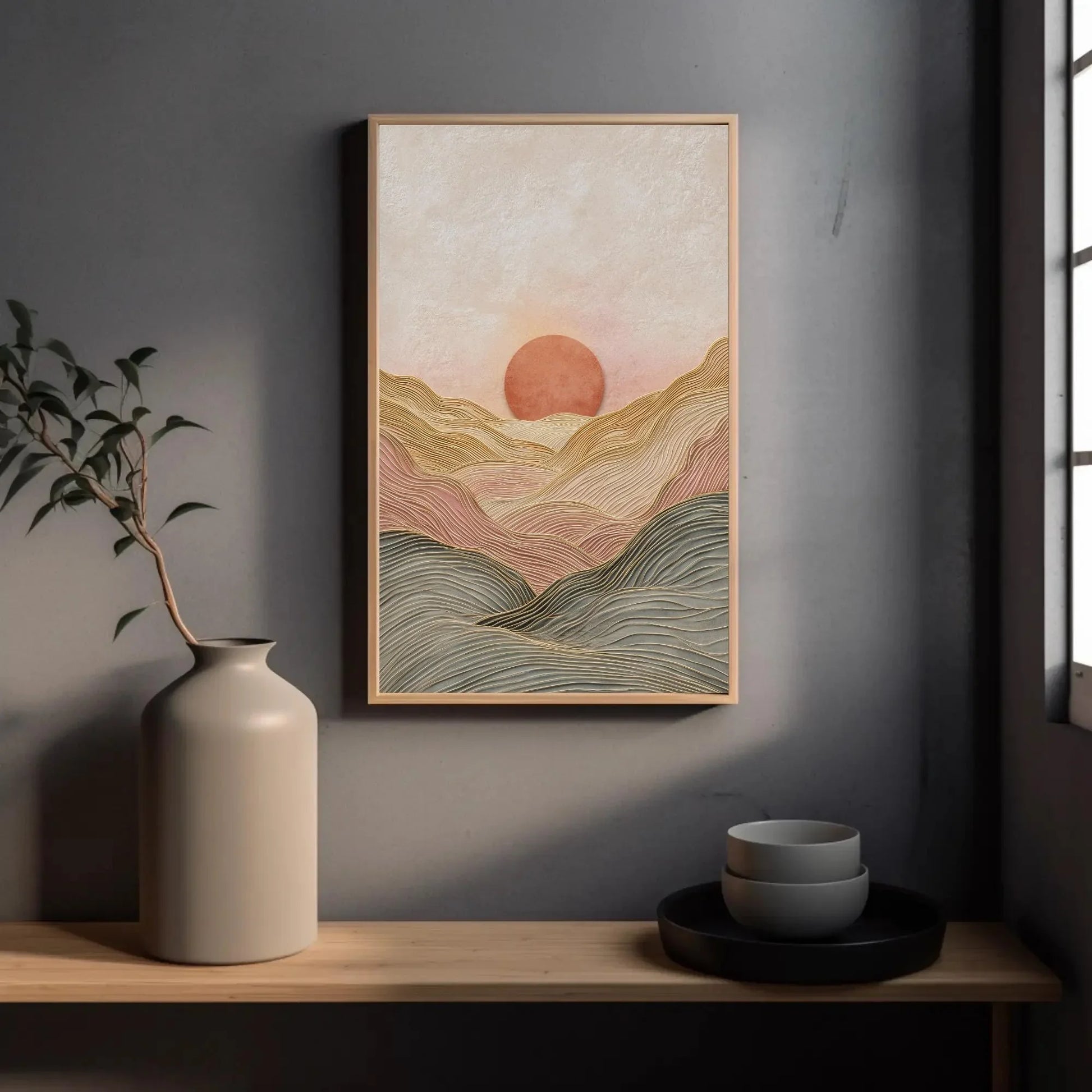Japandi Wall Art | Minimalist Line Art Landscape | Abstract Sun and Hills Canvas | Terracotta Earth Tone Decor Wall Art – Canvas Print