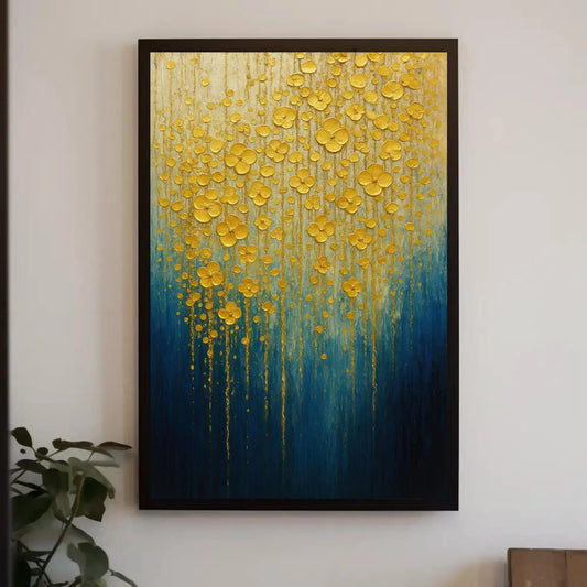 Gold Flower Wall Art | Textured Abstract Painting | Blue and Gold Decor Canvas | Luxury Impasto Floral for Living Room Wall Art – Canvas Print