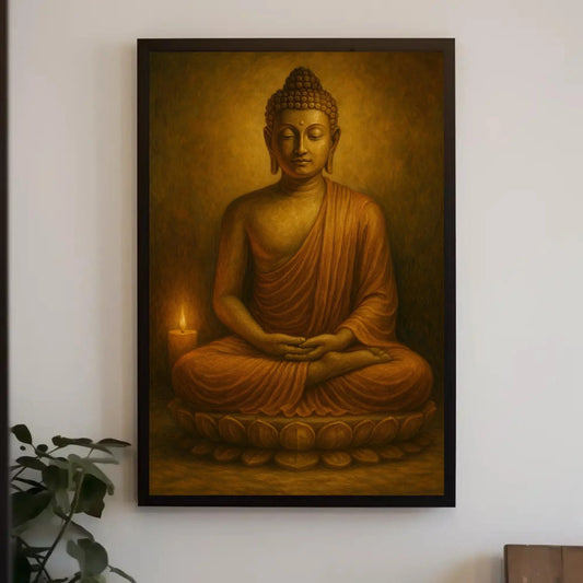 Golden Buddha Statue Meditating with Candlelight Spiritual Canvas Wall Art for Peaceful Yoga Room and Mindfulness Decor Wall Art – Canvas Print