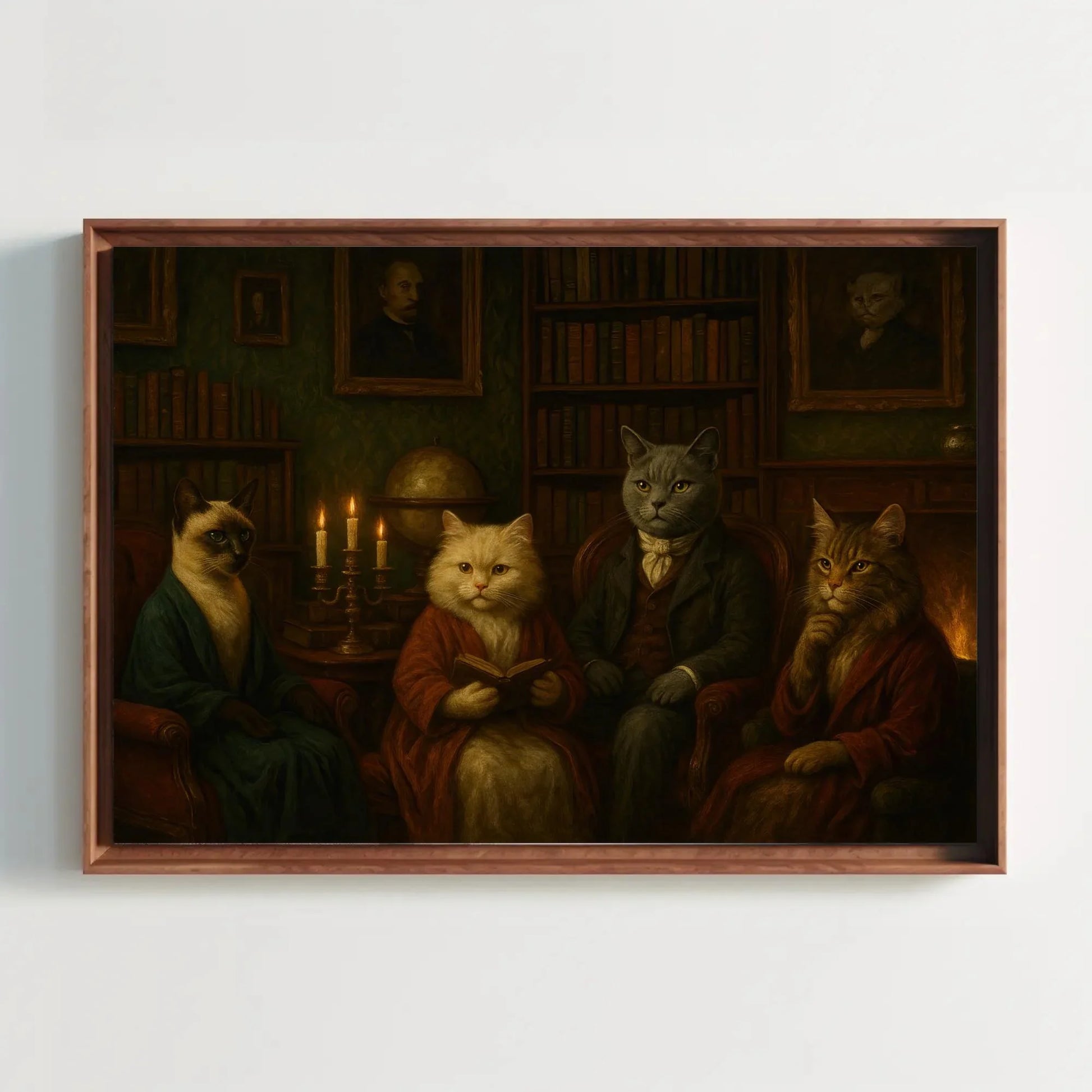 Feline Philosophers Canvas Print | Victorian Cat Portrait Art | Dark Academia Library Decor | Intellectual Animal Giclée Wall Art – Canvas Print