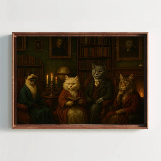 Feline Philosophers Canvas Print | Victorian Cat Portrait Art | Dark Academia Library Decor | Intellectual Animal Giclée Wall Art – Canvas Print