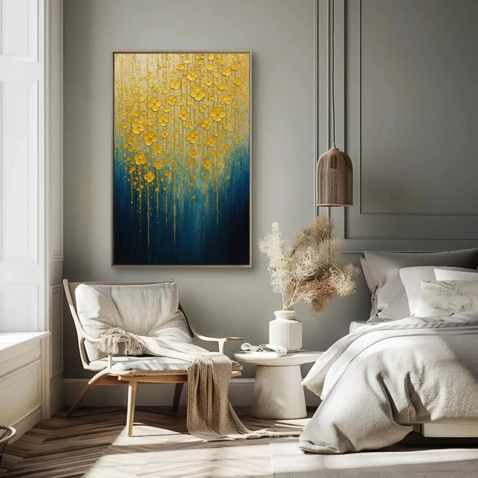 Gold Flower Wall Art | Textured Abstract Painting | Blue and Gold Decor Canvas | Luxury Impasto Floral for Living Room Wall Art – Canvas Print