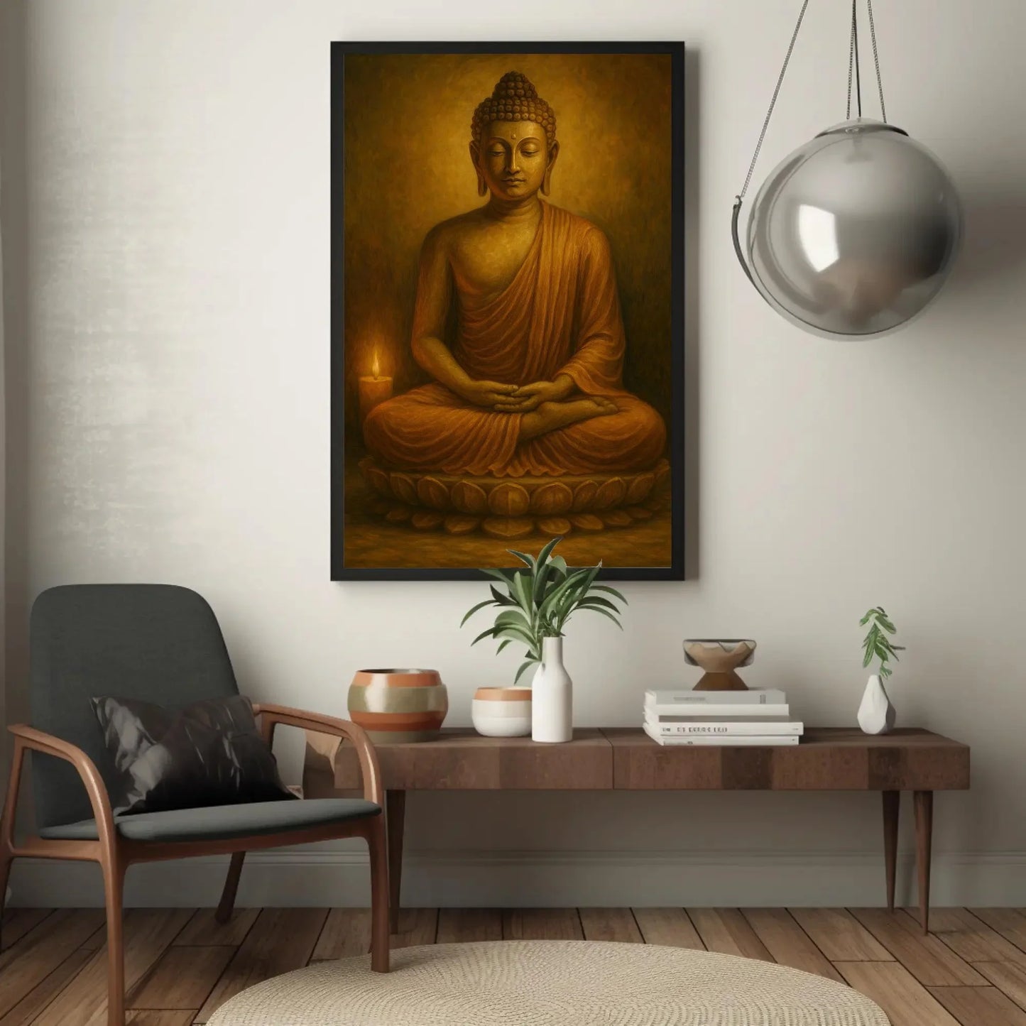 Golden Buddha Statue Meditating with Candlelight Spiritual Canvas Wall Art for Peaceful Yoga Room and Mindfulness Decor Wall Art – Canvas Print
