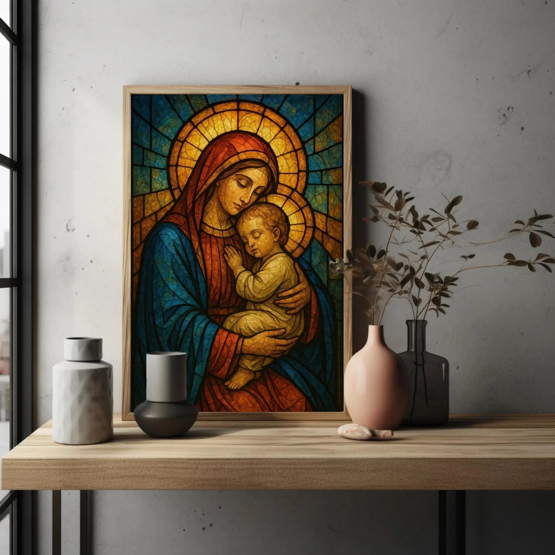Virgin Mary and Child Stained Glass Style Wall Art | Virgin Mary Canvas Print | Religious Christian Decor | Catholic Gift Idea Canvas Wall Art – Canvas Print