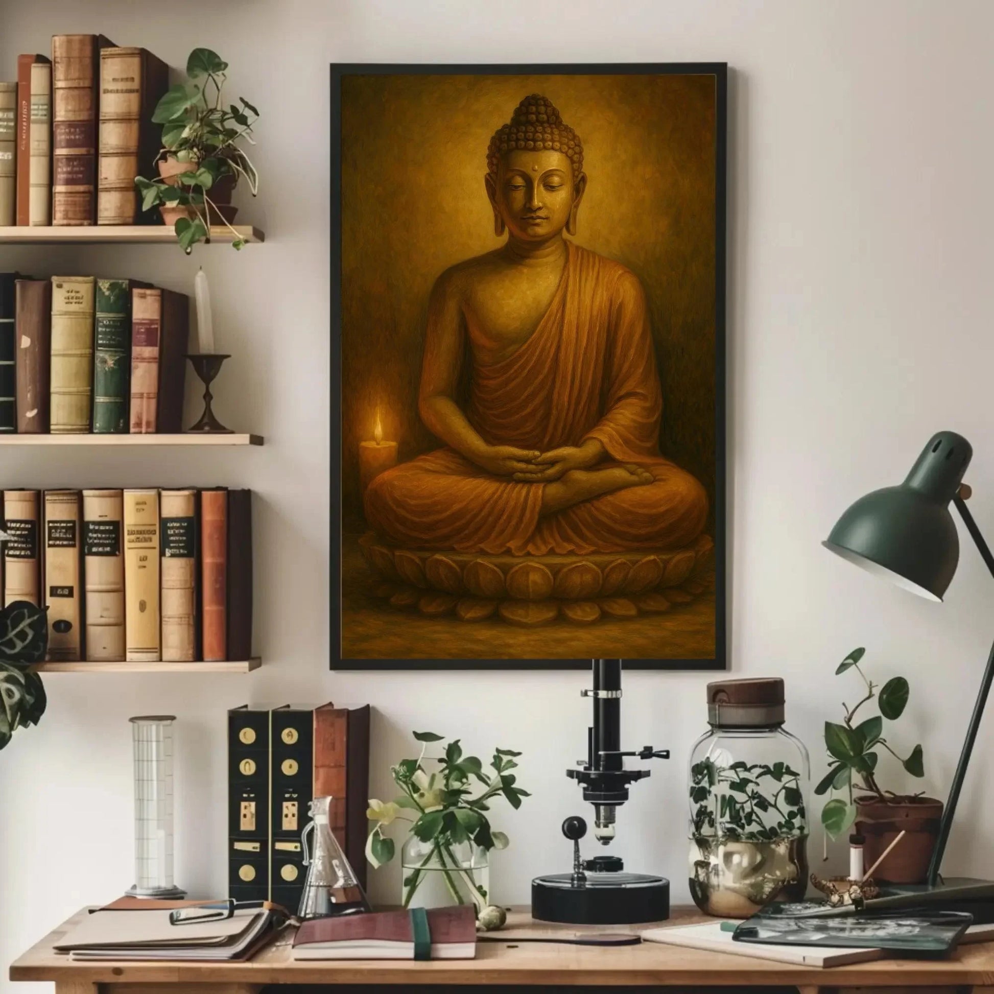Golden Buddha Statue Meditating with Candlelight Spiritual Canvas Wall Art for Peaceful Yoga Room and Mindfulness Decor Wall Art – Canvas Print