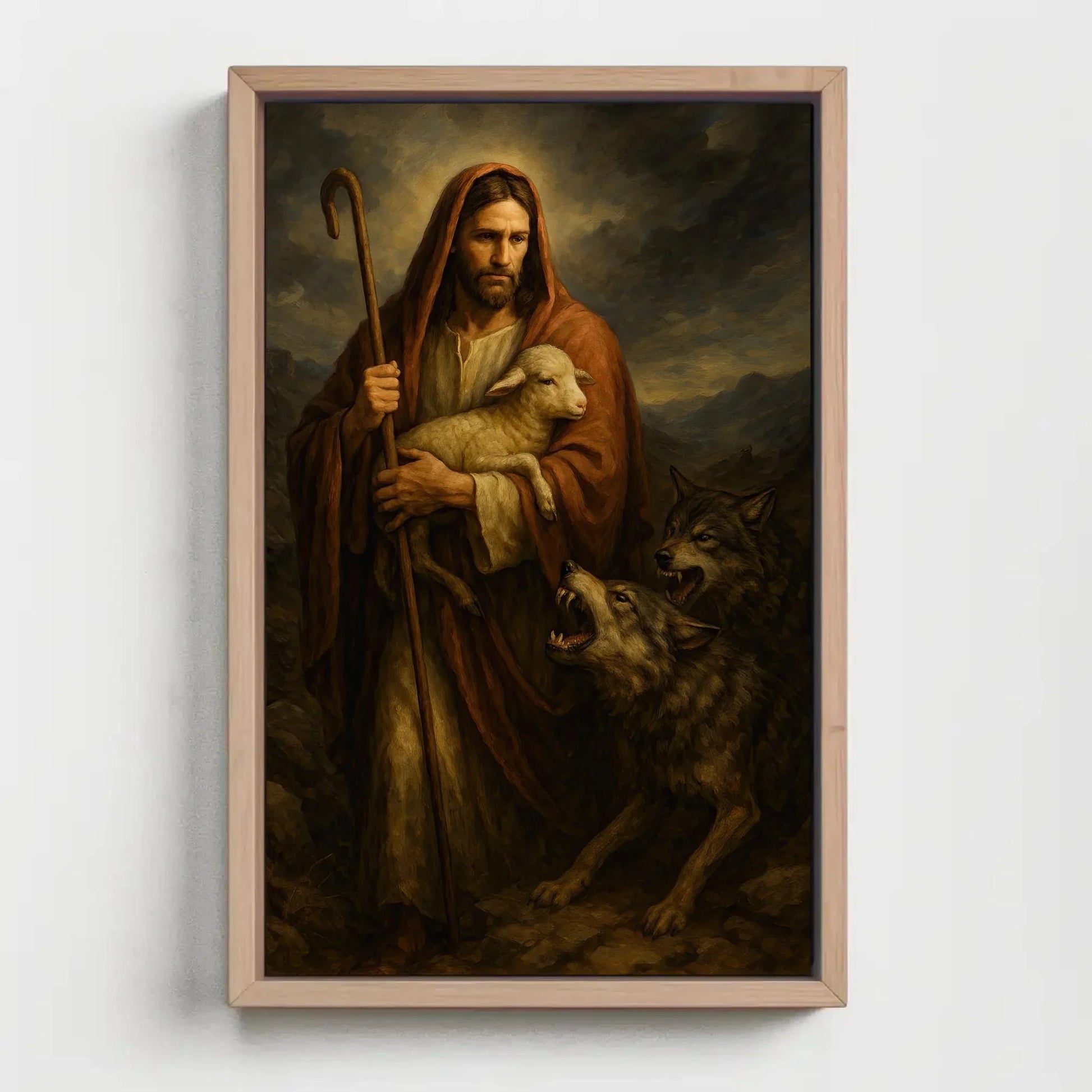 Good Shepherd Painting | Jesus Protecting Lamb from Wolves | Christian Wall Art Canvas | Moody Religious Decor Wall Art – Canvas Print