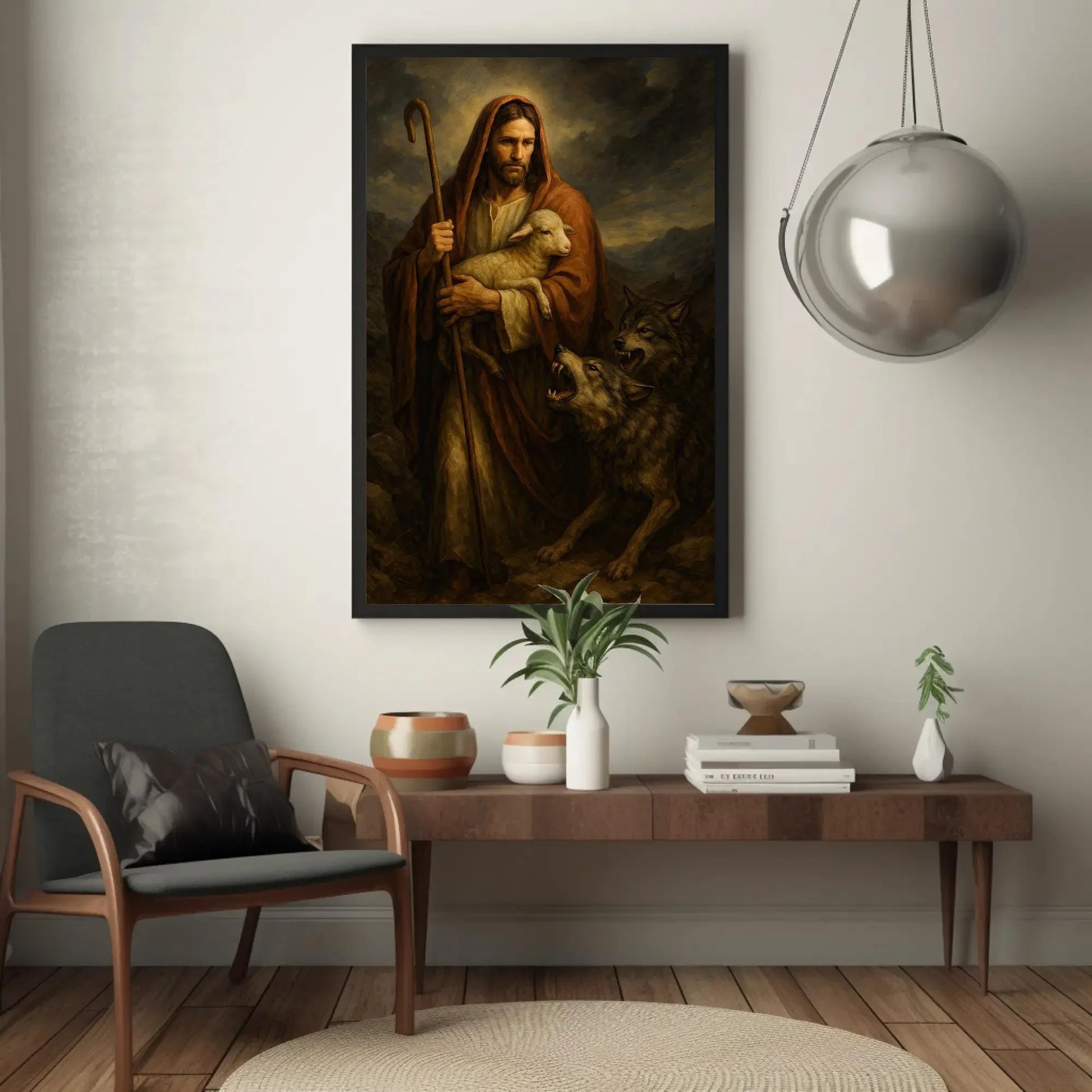 Good Shepherd Painting | Jesus Protecting Lamb from Wolves | Christian Wall Art Canvas | Moody Religious Decor Wall Art – Canvas Print