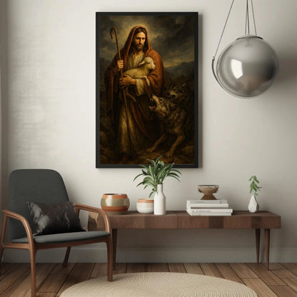 Good Shepherd Painting | Jesus Protecting Lamb from Wolves | Christian Wall Art Canvas | Moody Religious Decor Wall Art – Canvas Print