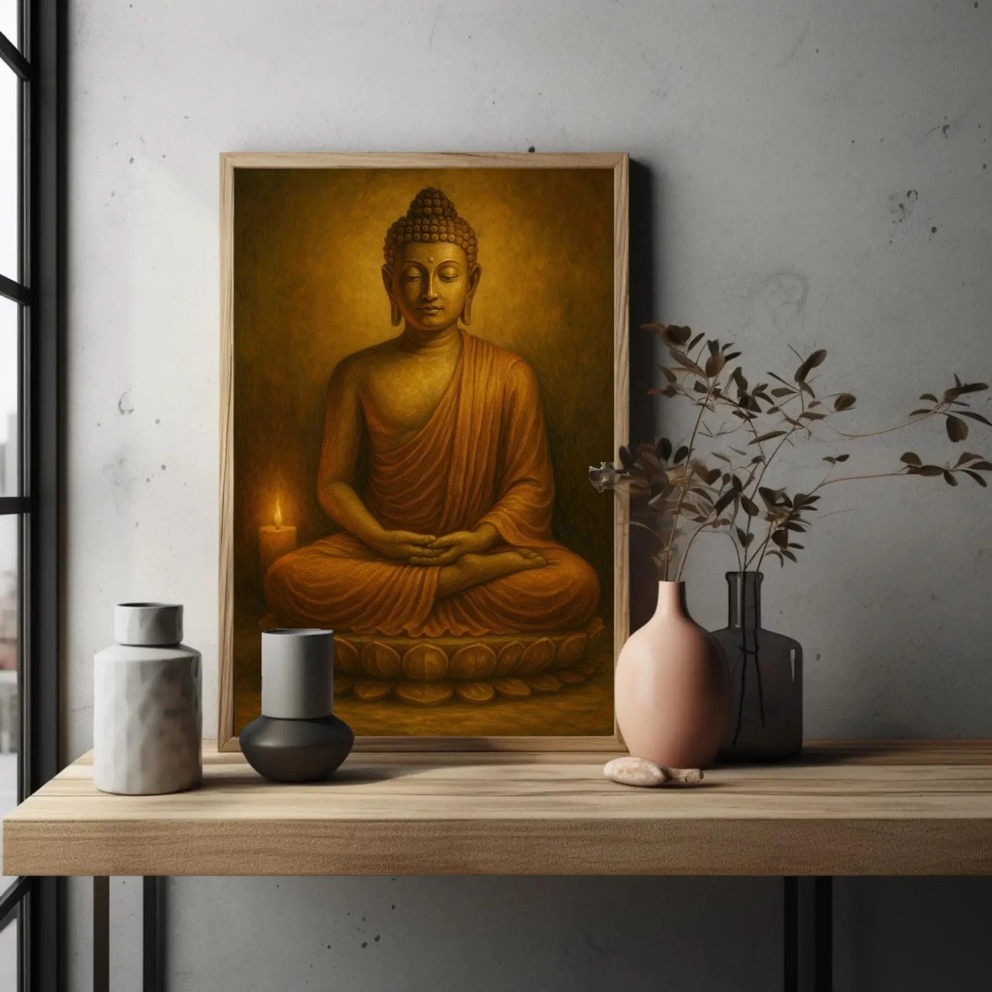 Golden Buddha Statue Meditating with Candlelight Spiritual Canvas Wall Art for Peaceful Yoga Room and Mindfulness Decor Wall Art – Canvas Print