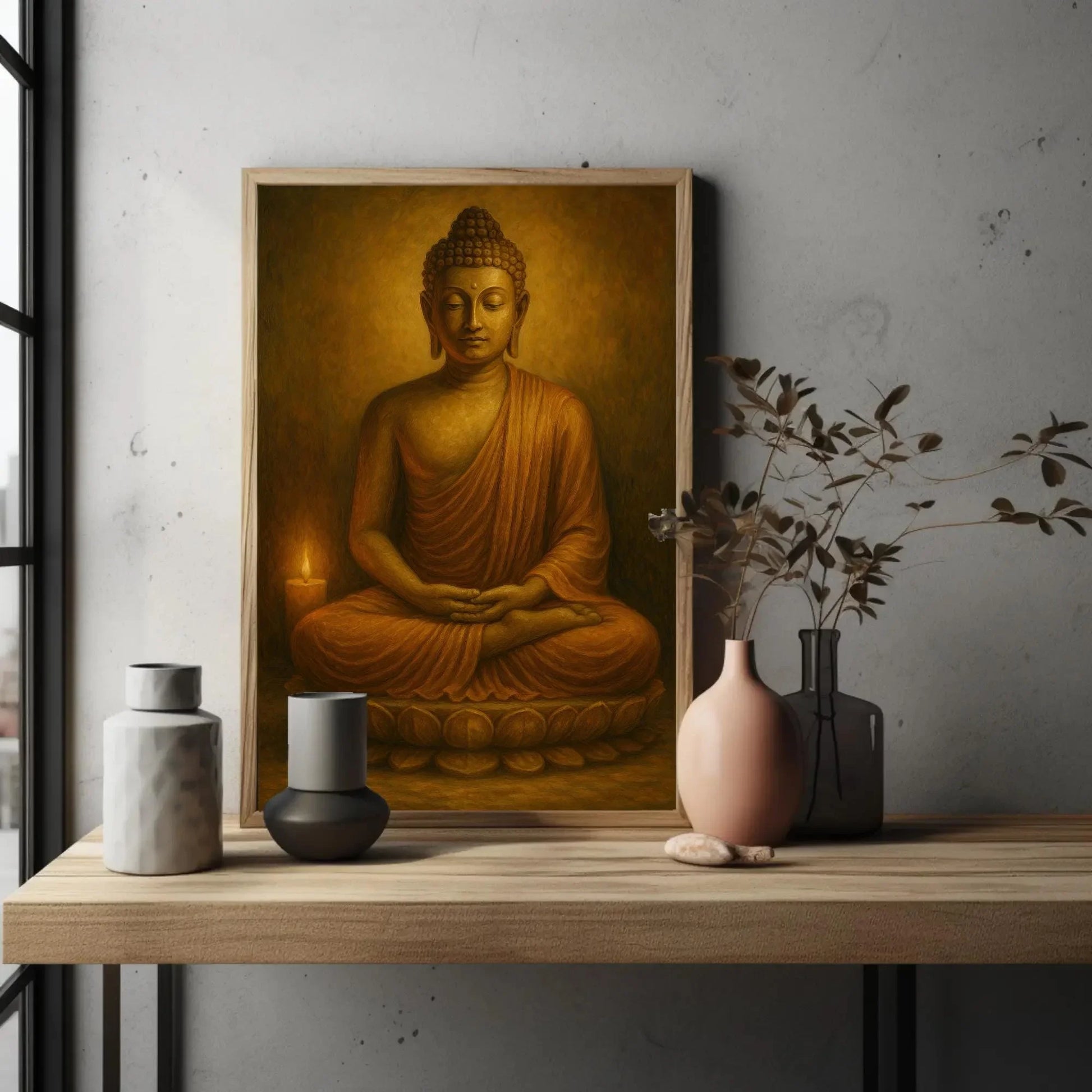 Golden Buddha Statue Meditating with Candlelight Spiritual Canvas Wall Art for Peaceful Yoga Room and Mindfulness Decor Wall Art – Canvas Print