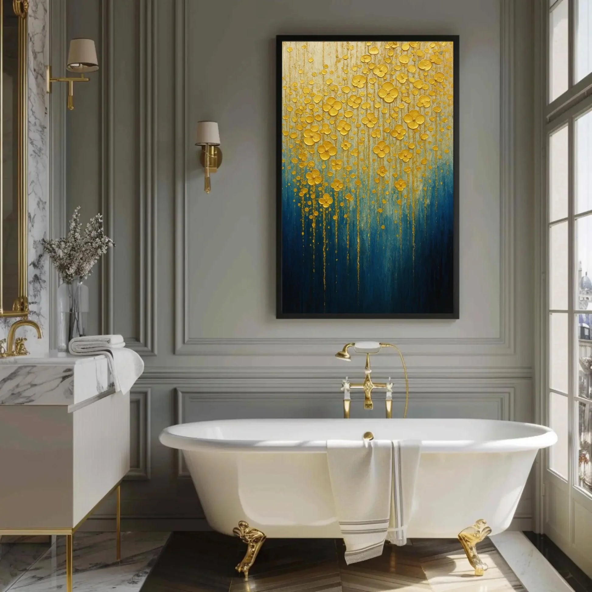 Gold Flower Wall Art | Textured Abstract Painting | Blue and Gold Decor Canvas | Luxury Impasto Floral for Living Room Wall Art – Canvas Print