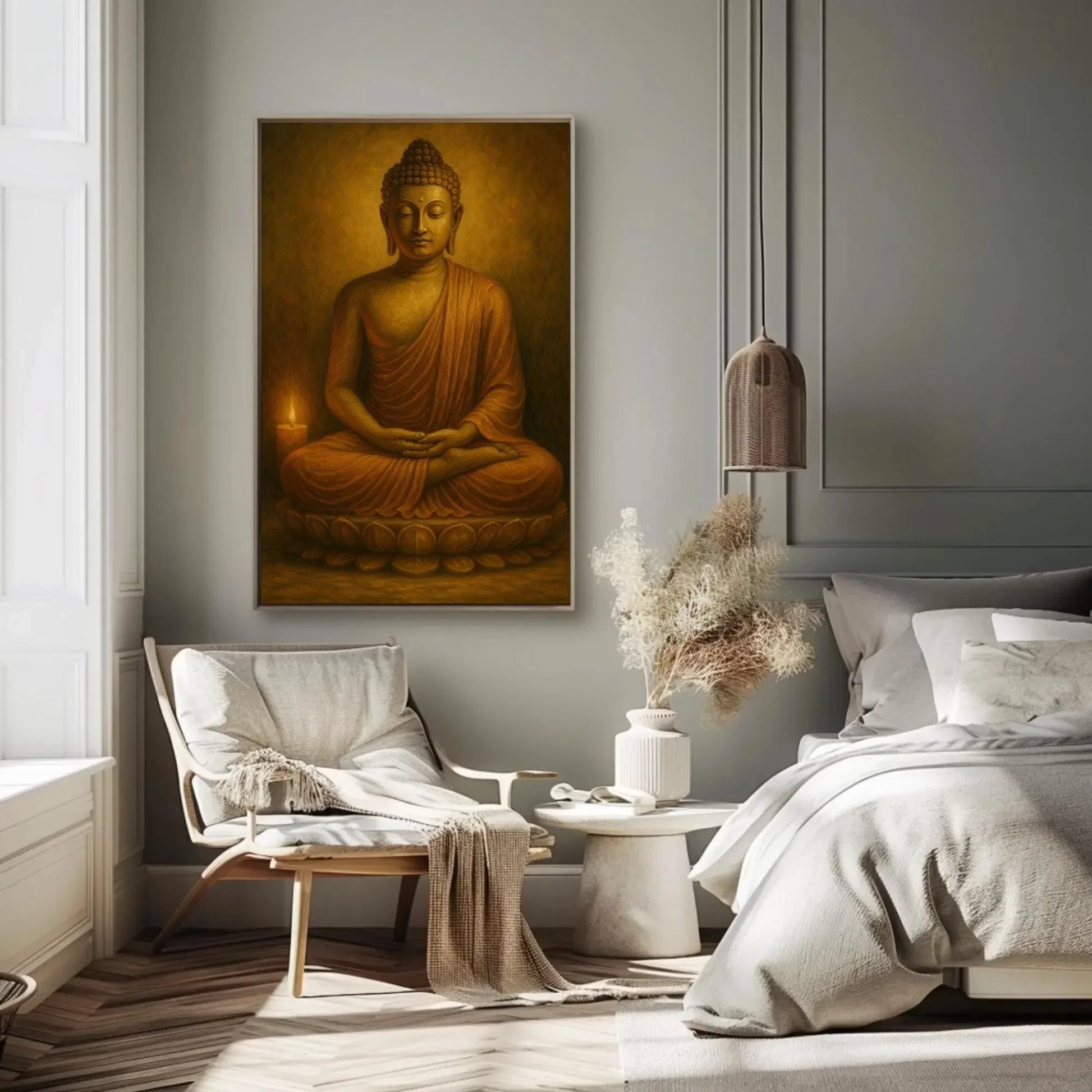 Golden Buddha Statue Meditating with Candlelight Spiritual Canvas Wall Art for Peaceful Yoga Room and Mindfulness Decor Wall Art – Canvas Print