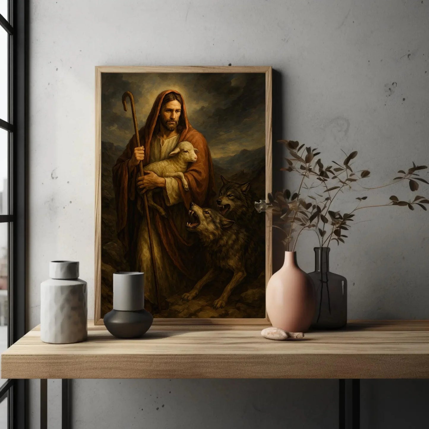 Good Shepherd Painting | Jesus Protecting Lamb from Wolves | Christian Wall Art Canvas | Moody Religious Decor Wall Art – Canvas Print