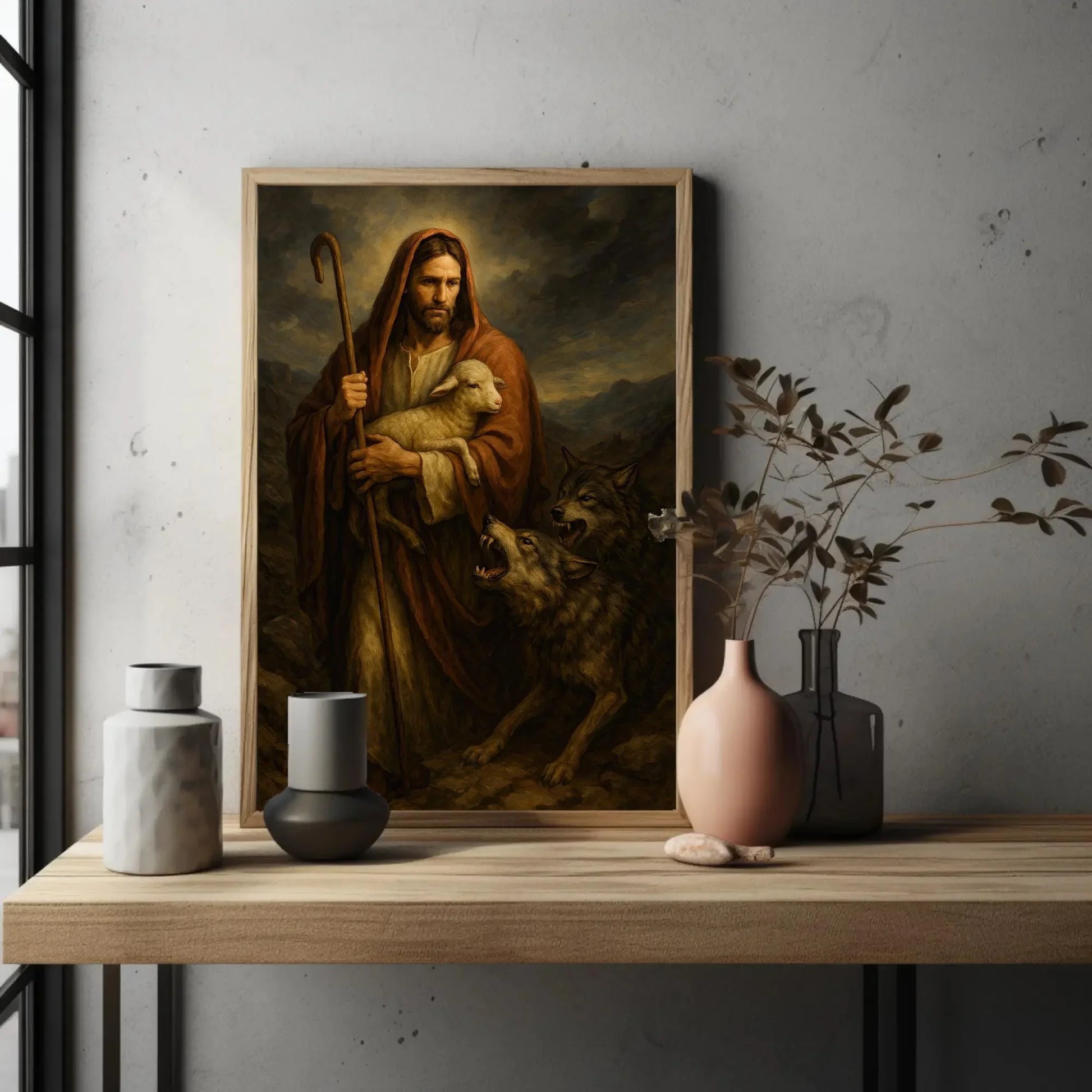 Good Shepherd Painting | Jesus Protecting Lamb from Wolves | Christian Wall Art Canvas | Moody Religious Decor Wall Art – Canvas Print
