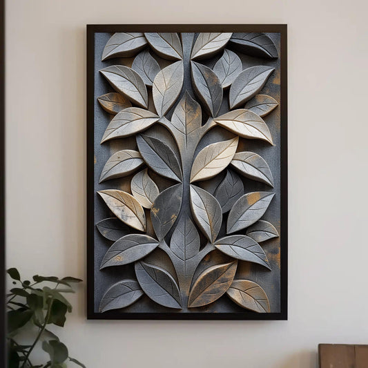 Carved Stone Leaf Design Canvas | Elegant Nature Wall Art | Framed Botanical Artwork for Living Room, Garden Room, Office, Ready to Hang Wall Art – Canvas Print