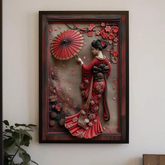 Japanese Geisha 3D Frame Effect Canvas with Cherry Blossoms | Elegant Asian Wall Art | Japanese Artwork for Living Room, Bedroom, Tea Room Wall Art – Canvas Print