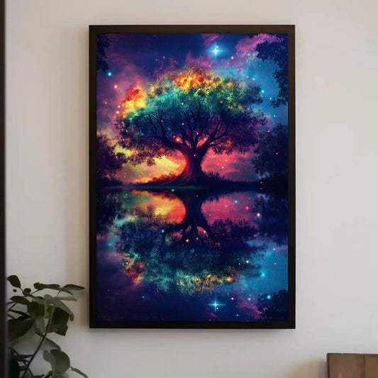 Tree of Life Colorful Galaxy Reflection Canvas Print, Starry Night Sky Wall Art, Cosmic Nature Decor, Mystical Tree Artwork, Ready to Hang Wall Art – Canvas Print