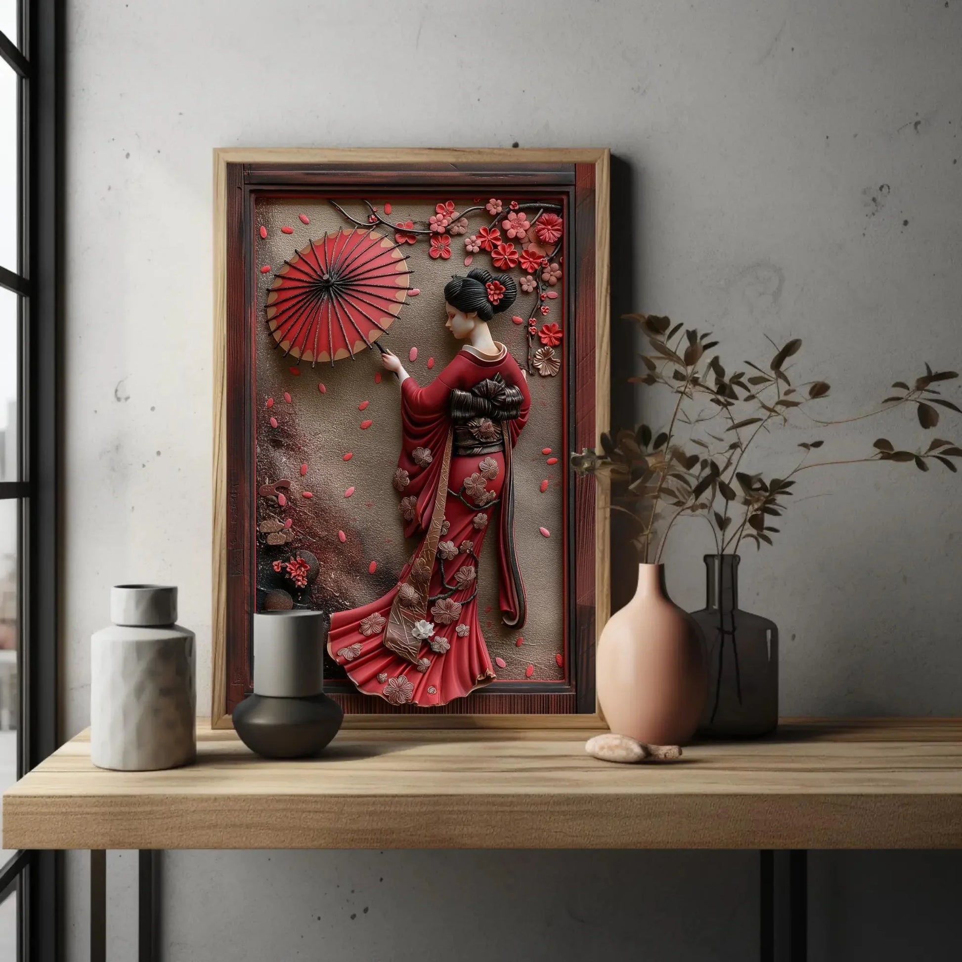 Japanese Geisha 3D Frame Effect Canvas with Cherry Blossoms | Elegant Asian Wall Art | Japanese Artwork for Living Room, Bedroom, Tea Room Wall Art – Canvas Print