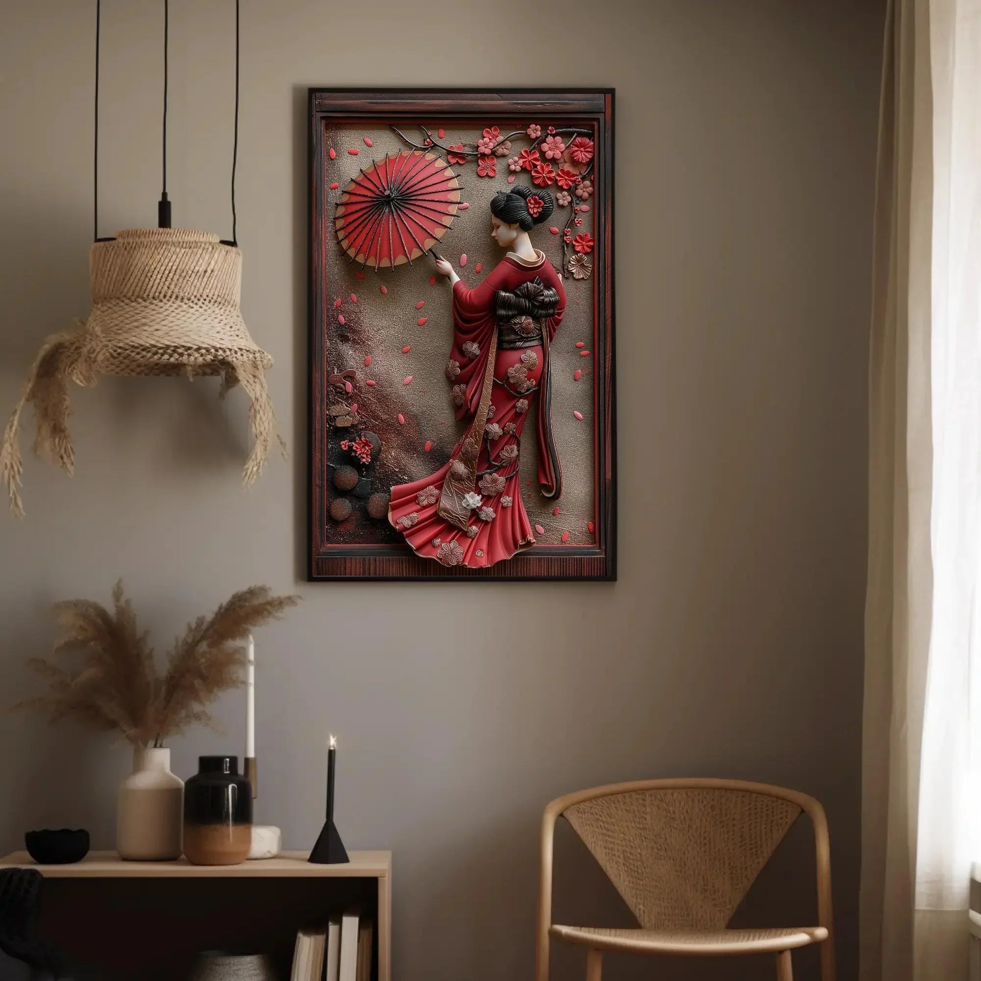 Japanese Geisha 3D Frame Effect Canvas with Cherry Blossoms | Elegant Asian Wall Art | Japanese Artwork for Living Room, Bedroom, Tea Room Wall Art – Canvas Print