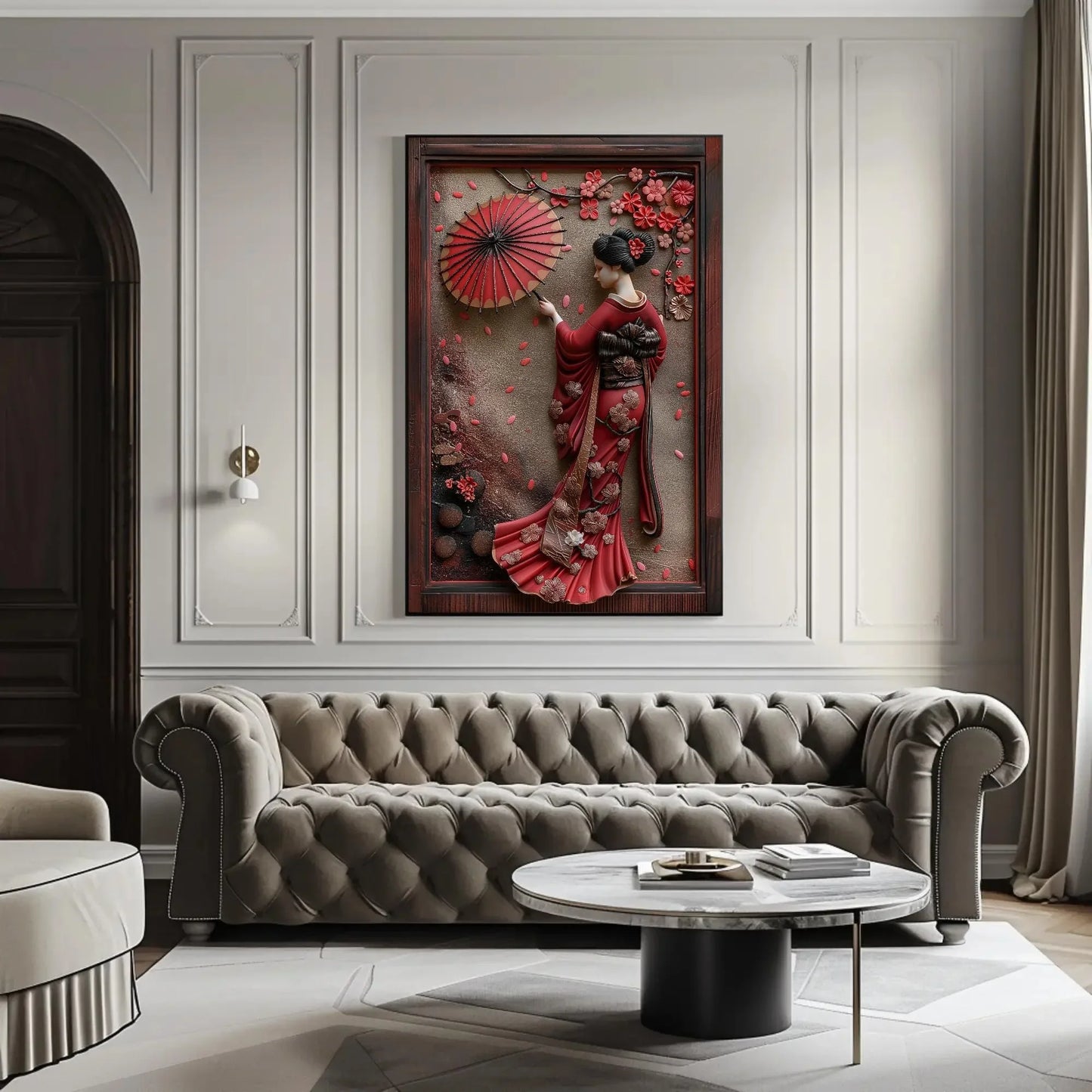 Japanese Geisha 3D Frame Effect Canvas with Cherry Blossoms | Elegant Asian Wall Art | Japanese Artwork for Living Room, Bedroom, Tea Room Wall Art – Canvas Print