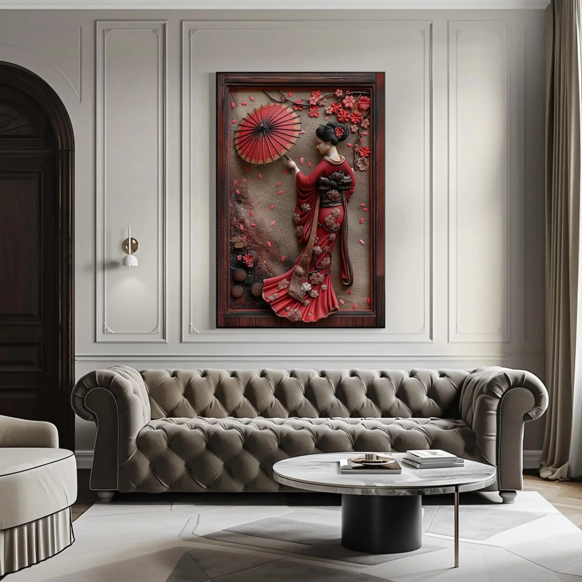 Japanese Geisha 3D Frame Effect Canvas with Cherry Blossoms | Elegant Asian Wall Art | Japanese Artwork for Living Room, Bedroom, Tea Room Wall Art – Canvas Print