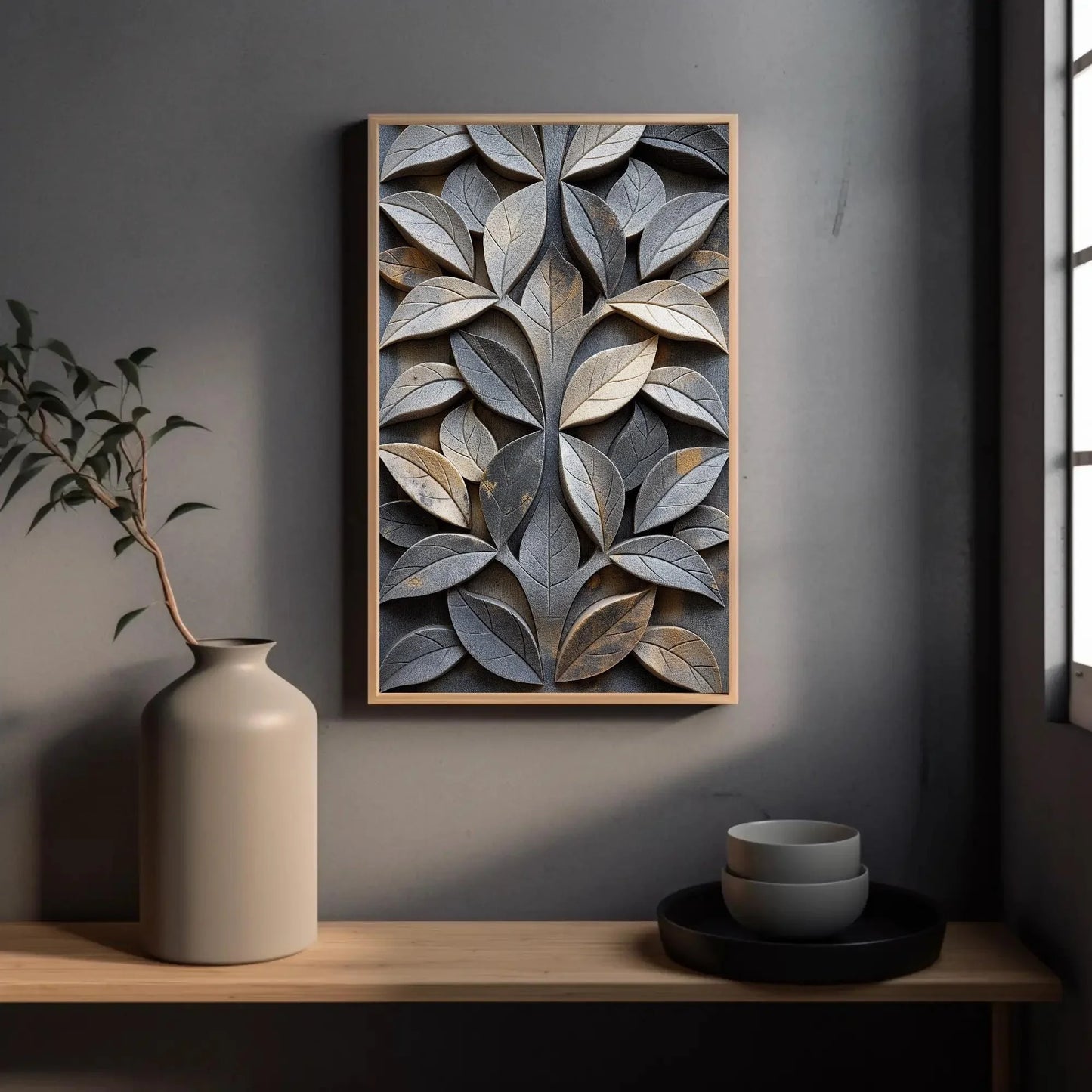 Carved Stone Leaf Design Canvas | Elegant Nature Wall Art | Framed Botanical Artwork for Living Room, Garden Room, Office, Ready to Hang Wall Art – Canvas Print