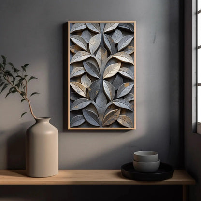 Carved Stone Leaf Design Canvas | Elegant Nature Wall Art | Framed Botanical Artwork for Living Room, Garden Room, Office, Ready to Hang Wall Art – Canvas Print