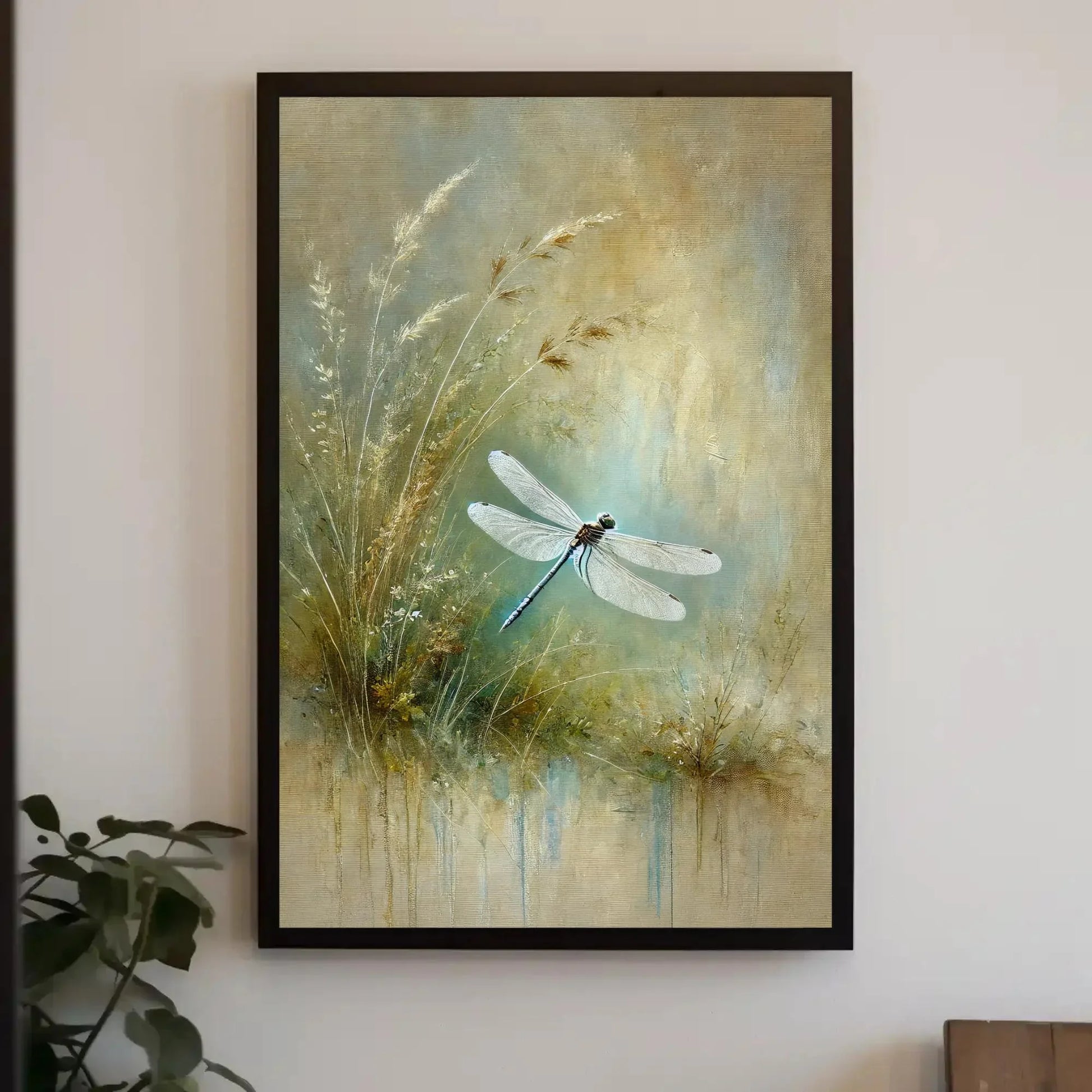 Dragonfly Sage Green Painting Canvas Print, Minimalist Nature Wall Art, Botanical Decor, Tranquil Dragonfly Art, Ready to Hang Wall Art – Canvas Print