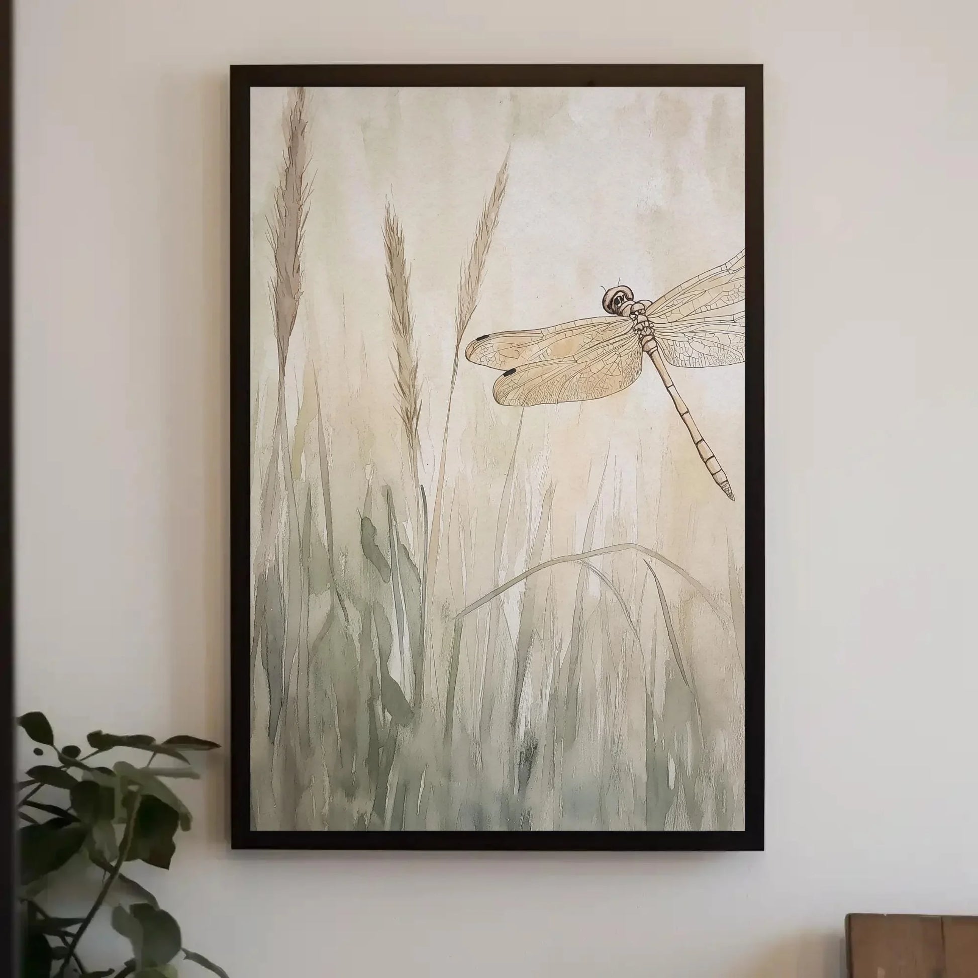 Dragonfly in the Grass Canvas Print, Watercolor Dragonfly Painting, Beige Tones, Nature Wall Art, Serene Home Decor, Ready to Hang Art Wall Art – Canvas Print