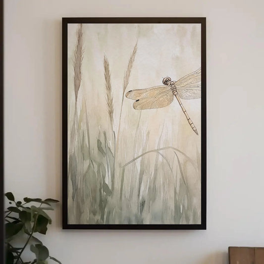 Dragonfly in the Grass Canvas Print, Watercolor Dragonfly Painting, Beige Tones, Nature Wall Art, Serene Home Decor, Ready to Hang Art Wall Art – Canvas Print