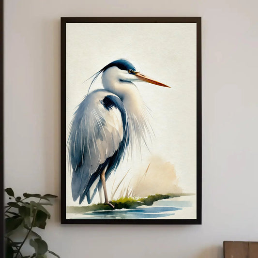 Blue Heron Vintage Watercolor Canvas Print | Elegant Bird Art | Framed Nature-Inspired Decor for Living Room or Bedroom | Ready to Hang Wall Art – Canvas Print