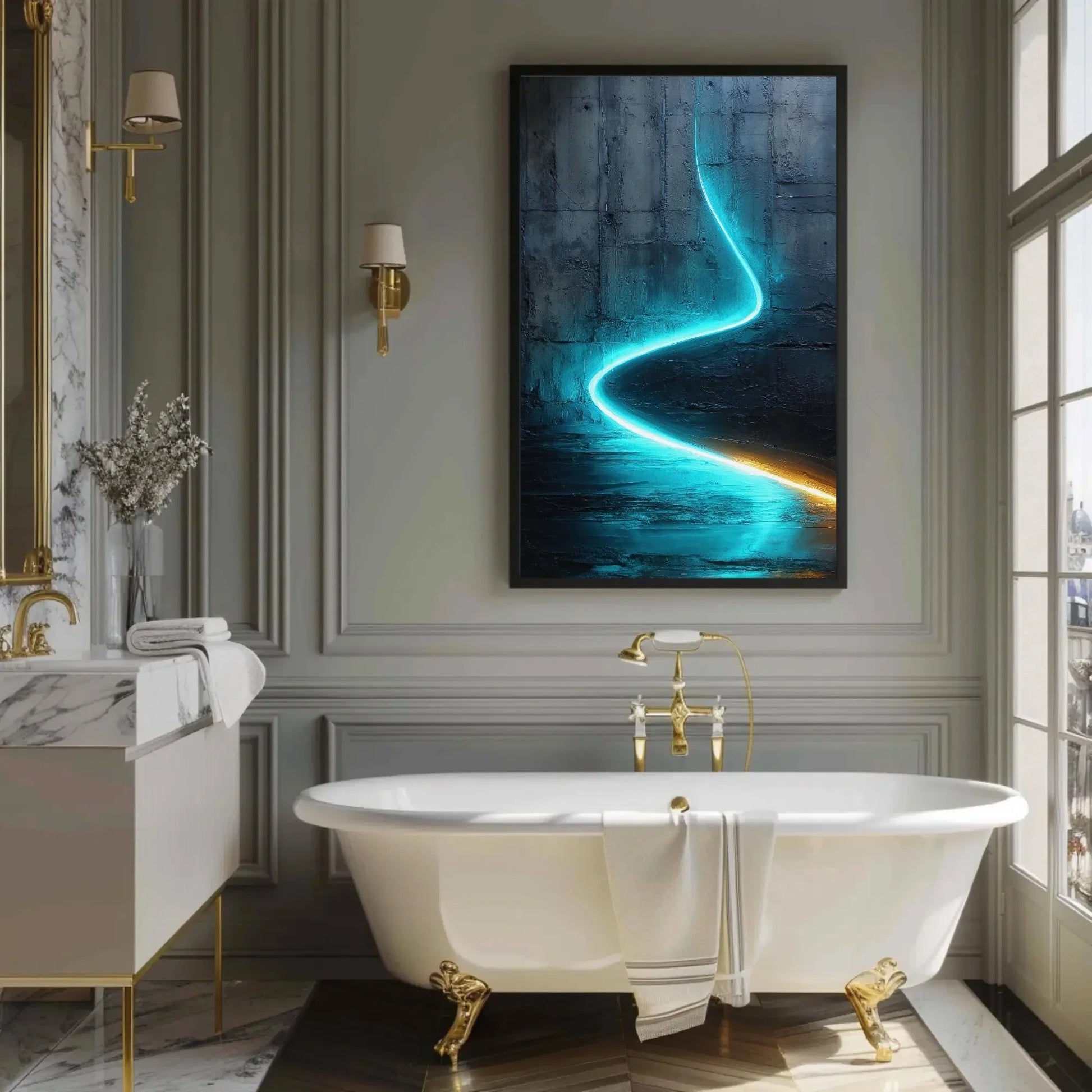 Cyan Blue Abstract, Industrial Wall Art, Textured Canvas Print, Modern Minimalist Painting, Luminous Line Art, Edgy Decor, Statement Piece Wall Art – Canvas Print