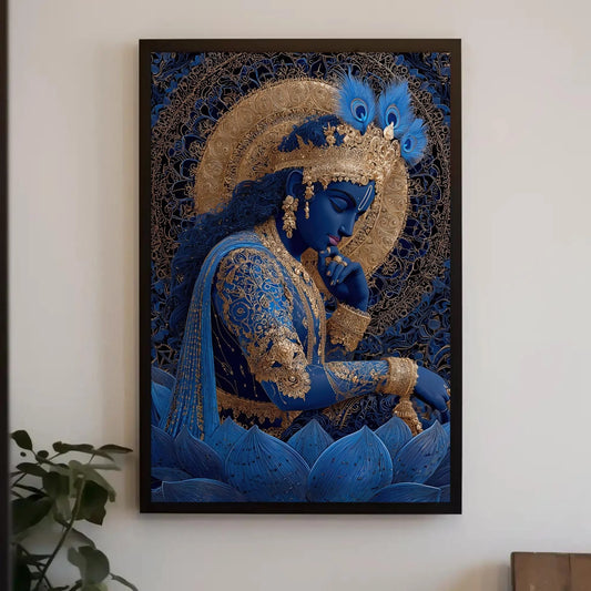 Divine Lord Krishna Art Print | Spiritual Hindu God Wall Art | Gold Detail Canvas | Yoga Zen Decor | Sacred Art Gift Wall Art – Canvas Print