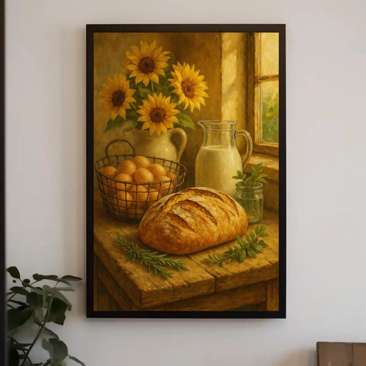 Farmhouse Fresh Kitchen Wall Art | Rustic Bread Eggs Milk Canvas Print | Sunflower Still Life Decor Wall Art – Canvas Print