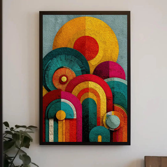 Retro Geometric Canvas Art, 70s Inspired Abstract Print, Vibrant Dopamine Decor, Yellow Orange Pink Teal Wall Art, Textured Circle Design Wall Art – Canvas Print
