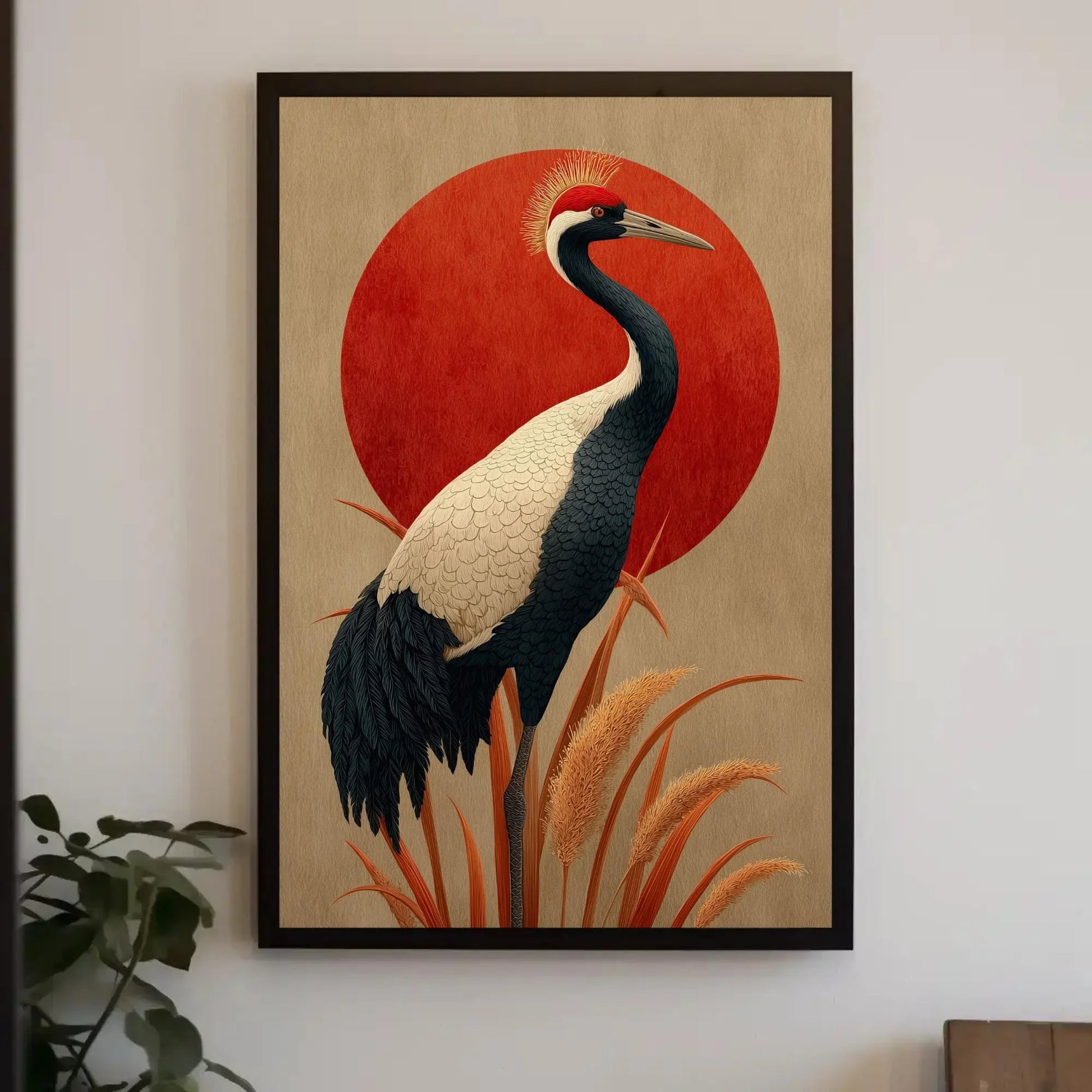 Japandi Crane Canvas Print, Red Sun Japanese Wall Art, Minimalist Bird Decor, Beige Neutral Zen Artwork, Serene Nature Gift for Home Wall Art – Canvas Print