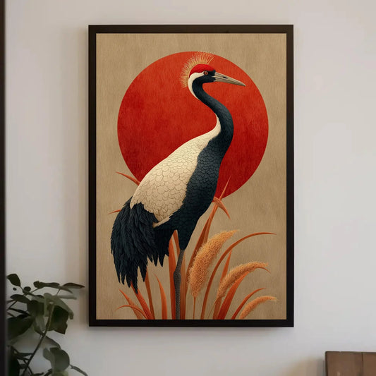 Japandi Crane Canvas Print, Red Sun Japanese Wall Art, Minimalist Bird Decor, Beige Neutral Zen Artwork, Serene Nature Gift for Home Wall Art – Canvas Print