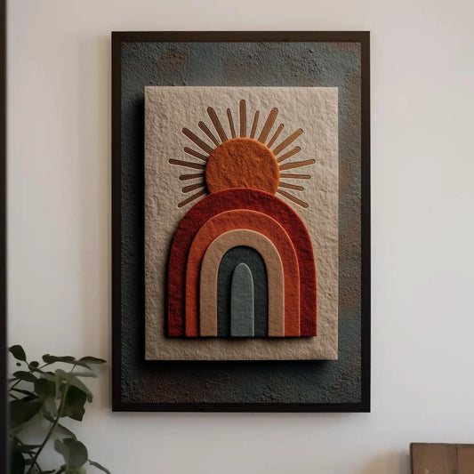 Retro 70s Sunset Wall Art Print, Vintage Geometric Sun Landscape, Orange Yellow Teal, Mid Century Modern Decor, Boho Living Room Poster Wall Art – Canvas Print