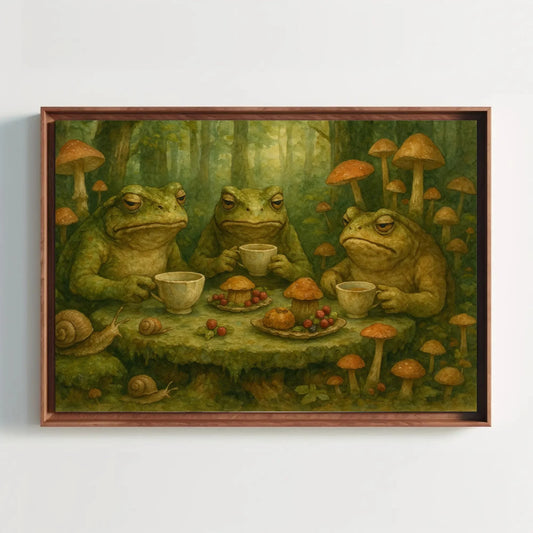 Goblincore Frogs Forest Feast Canvas Print | Whimsical Mushroom Tea Party Art | Enchanted Woodland Decor | Quirky Frog Giclée Wall Art – Canvas Print